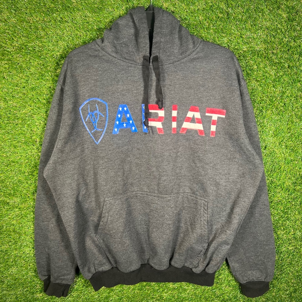 Ariat Mens Hoodie Charcoal Grey American Flag Graphic Logo Pullover Large